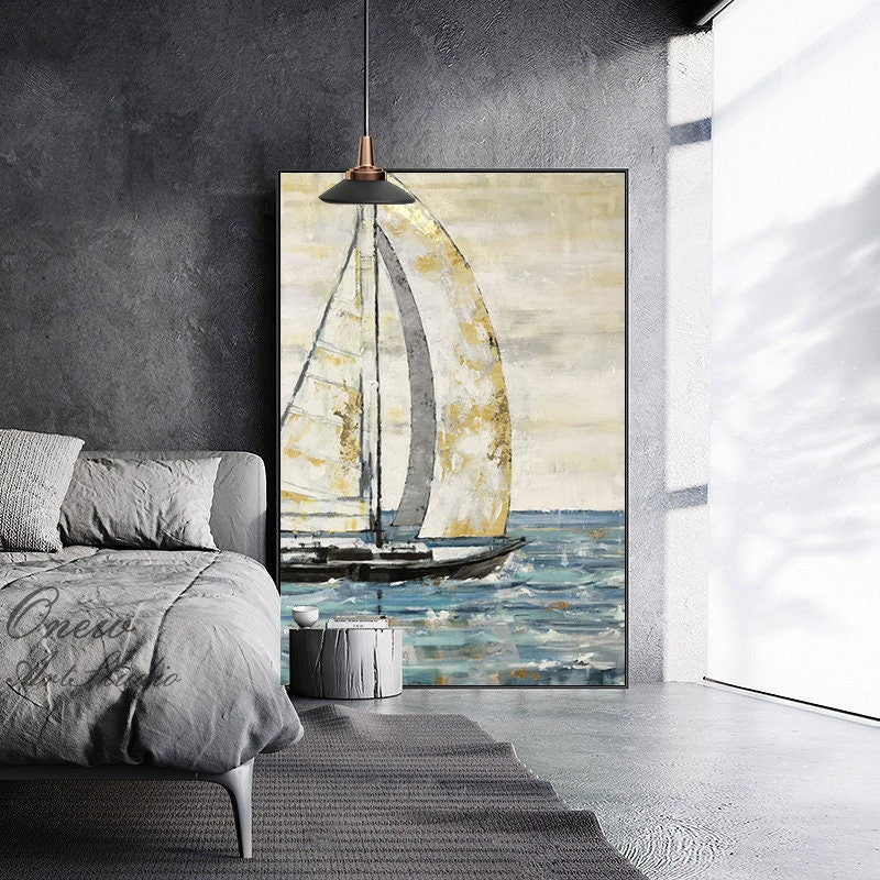 Large Abstract Sailboat Oil Painting on Canvas, Original Hand-painted Seascape Canvas Wall Art, Modern Nautical Painting for Living Room