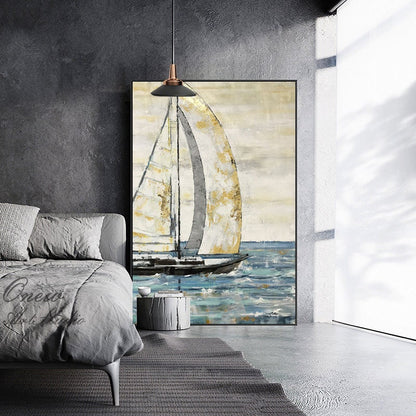Large Abstract Sailboat Oil Painting on Canvas, Original Hand-painted Seascape Canvas Wall Art, Modern Nautical Painting for Living Room