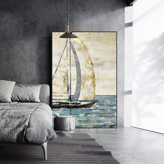 Large Abstract Sailboat Oil Painting on Canvas, Original Hand-painted Seascape Canvas Wall Art, Modern Nautical Painting for Living Room
