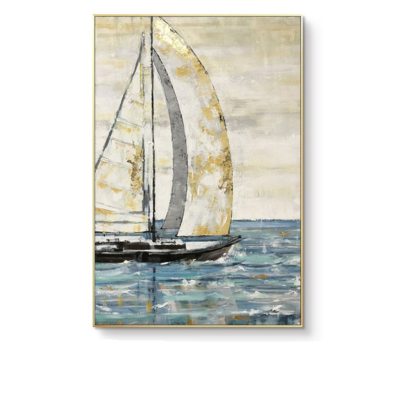 Large Abstract Sailboat Oil Painting on Canvas, Original Hand-painted Seascape Canvas Wall Art, Modern Nautical Painting for Living Room