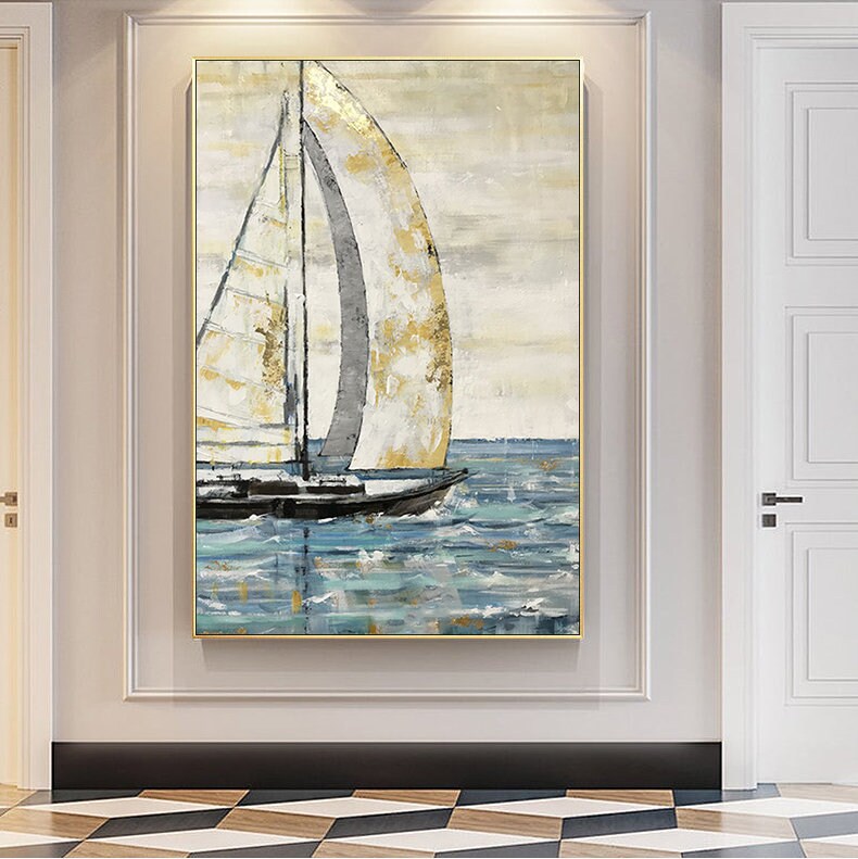 Large Abstract Sailboat Oil Painting on Canvas, Original Hand-painted Seascape Canvas Wall Art, Modern Nautical Painting for Living Room