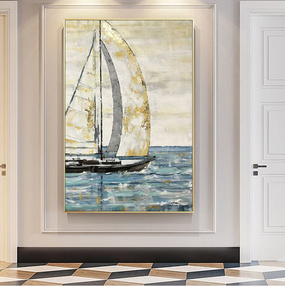 Large Abstract Sailboat Oil Painting on Canvas, Original Hand-painted Seascape Canvas Wall Art, Modern Nautical Painting for Living Room