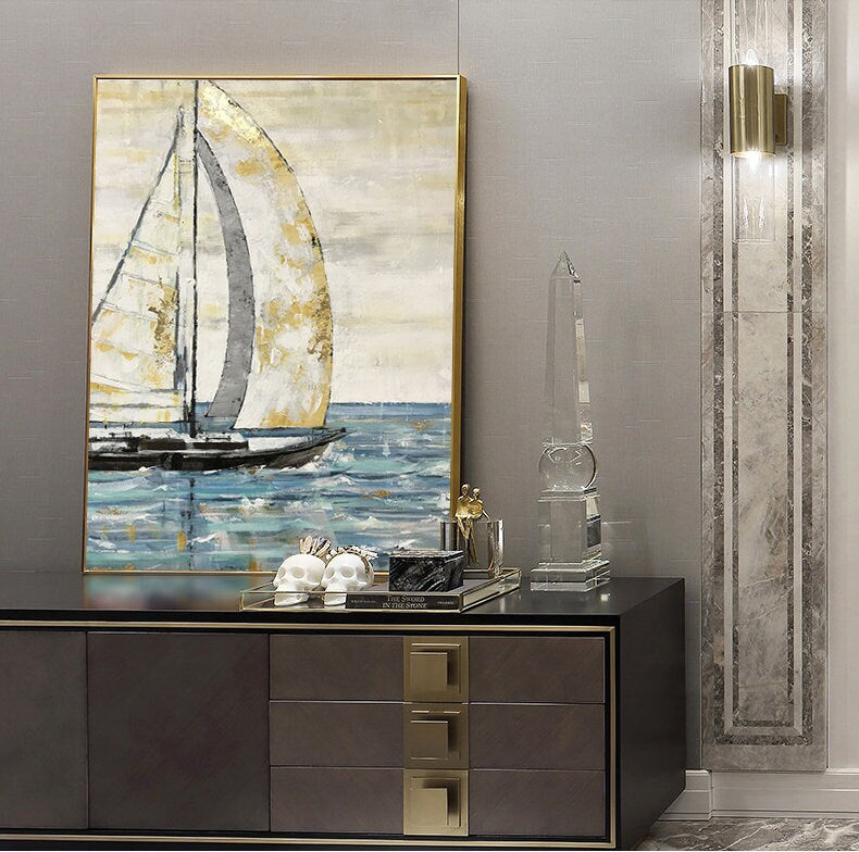Large Abstract Sailboat Oil Painting on Canvas, Original Hand-painted Seascape Canvas Wall Art, Modern Nautical Painting for Living Room