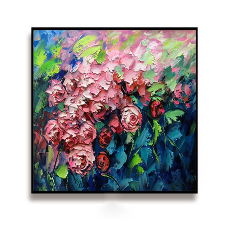 May include: A painting of pink roses with green leaves against a blue and green background. The painting is done in a thick, impasto style.