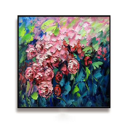 May include: A painting of pink roses with green leaves against a blue and green background. The painting is done in a thick, impasto style.