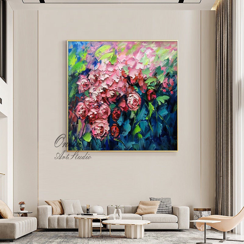 May include: A painting of a bouquet of pink roses with green leaves against a dark blue background. The painting is done in a thick, impasto style, giving it a textured look.