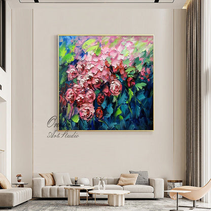 May include: A painting of a bouquet of pink roses with green leaves against a dark blue background. The painting is done in a thick, impasto style, giving it a textured look.