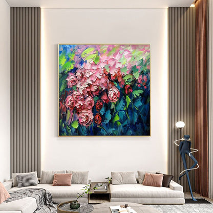 May include: A painting of a bouquet of pink and red roses with green leaves against a blue background. The painting is done in a thick, impasto style, giving it a textured look.
