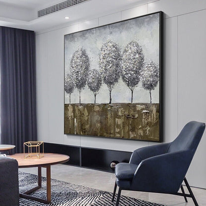 May include: Abstract painting of a row of six gray trees with white accents on a brown and gray background.