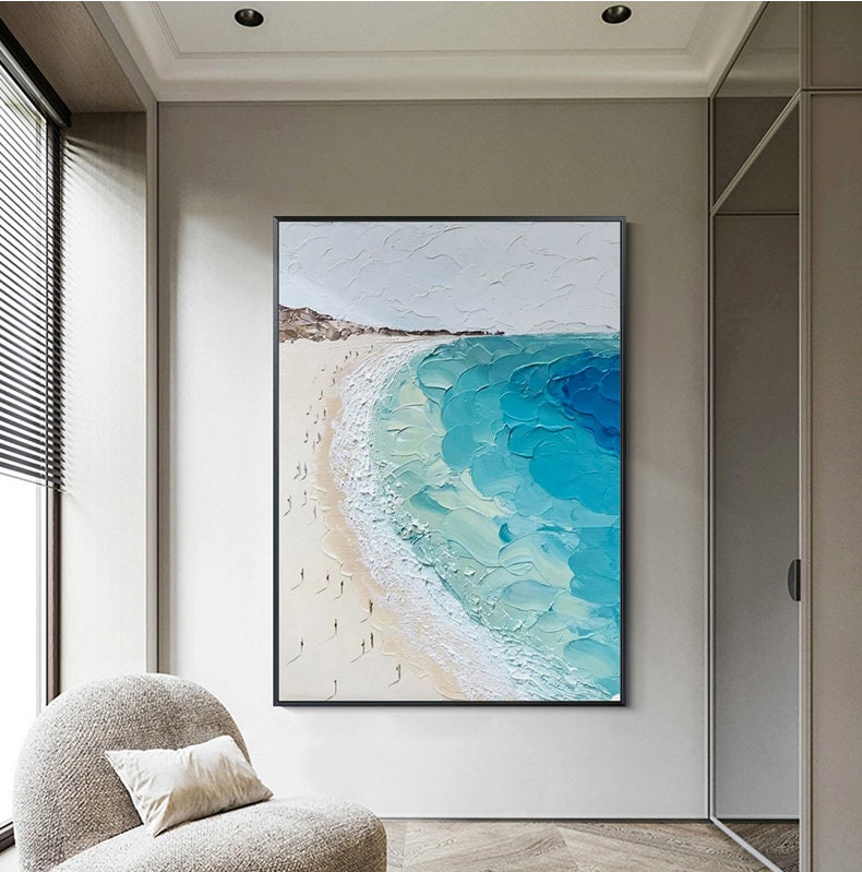 Large – Blue and Beige Beach Seascape Wall Art | Abstract Oil Painting, view 2