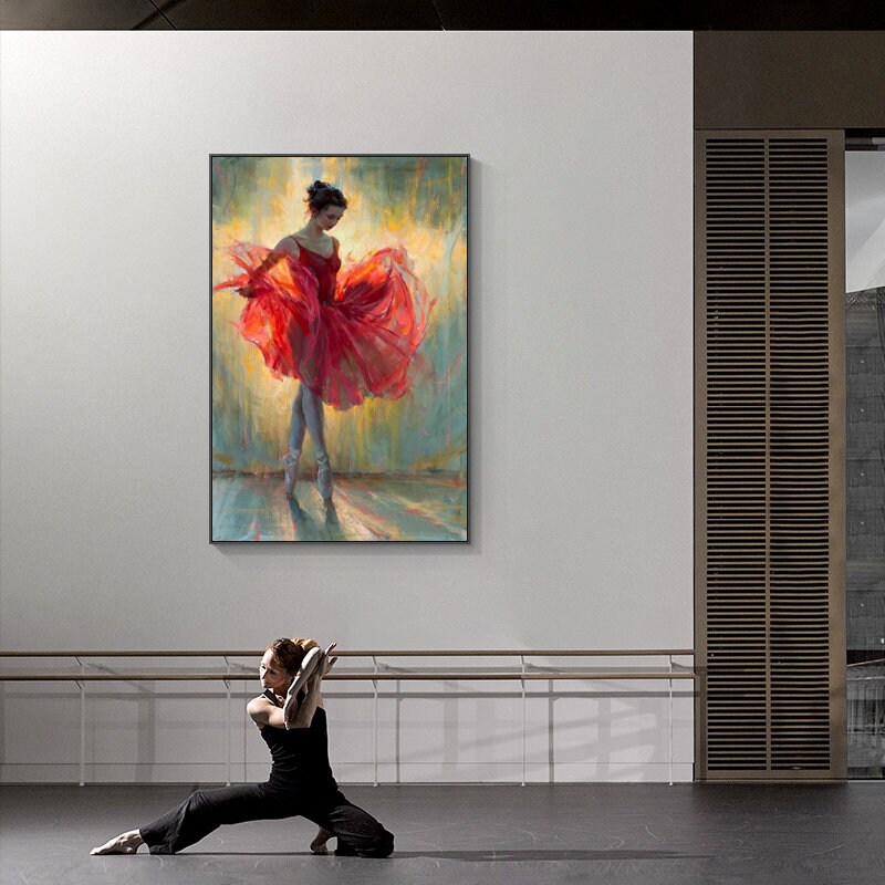 May include: A painting of a ballerina wearing a red tutu and pointe shoes. The ballerina is standing on a stage with a light background.
