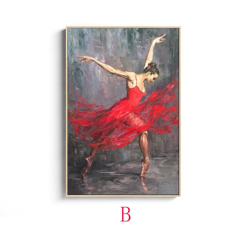 May include: A painting of a ballerina wearing a red dress and pointe shoes. The ballerina is in mid-air, with her arms outstretched and her legs extended. The background is a dark gray with hints of blue and purple.