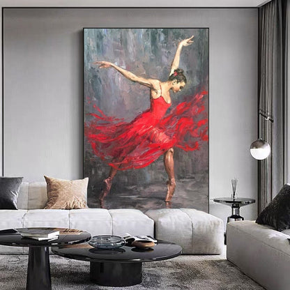 May include: A painting of a ballerina wearing a red dress and pointe shoes. The ballerina is in mid-air, with her arms outstretched and her legs extended. The background is a blurry gray and white.
