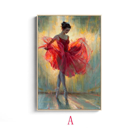 May include: A painting of a ballerina in a red dress, with a soft, painterly style. The ballerina is posed in a graceful, flowing movement, with her arms outstretched and her skirt billowing around her.
