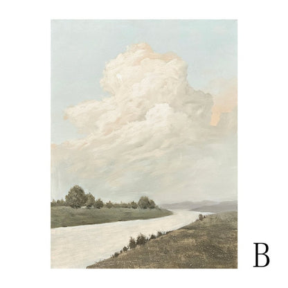 May include: A painting of a river winding through a green landscape with a large white cloud in the sky.