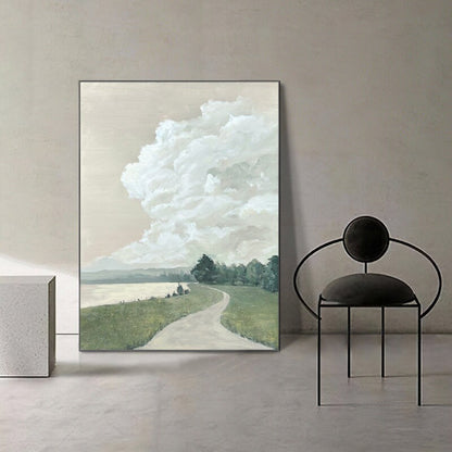 May include: A painting of a landscape with a winding road leading to a forest. The sky is filled with fluffy white clouds. The painting is framed in a black frame.