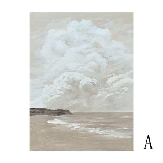 May include: A painting of a seascape with a large, fluffy white cloud in the sky above a sandy beach and ocean. The water is a light blue and the sand is a light brown.