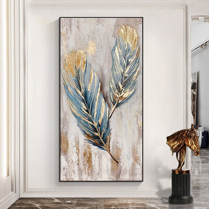 May include: A painting of two blue and gold feathers on a white background. The feathers are stylized and have a textured look.