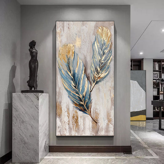 May include: Abstract painting of two blue and gold feathers on a white background.
