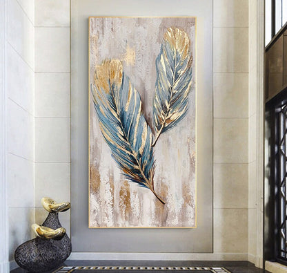 May include: Abstract painting of two blue and gold feathers on a white and gold background.