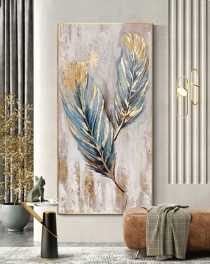 Original Animal Feather Oil Painting on Canvas, Abstract Blue and Gold Feather Canvas Wall Art, Modern Minimalist Wall Art for Living Room