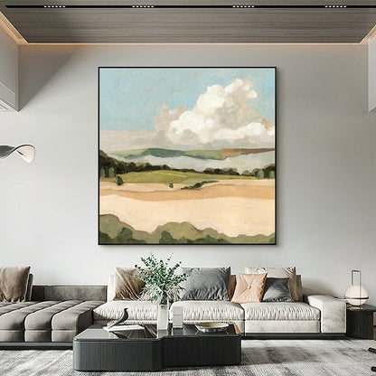 May include: A painting of a landscape with a large white cloud in the sky, green hills, and a field of brown grass.