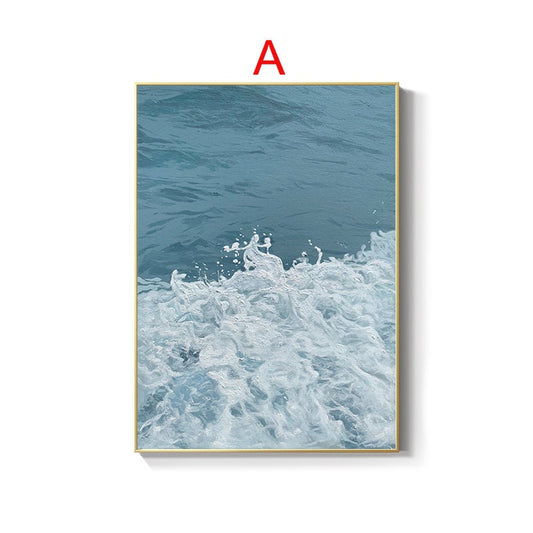 May include: A framed print of a blue ocean with white foamy waves crashing.
