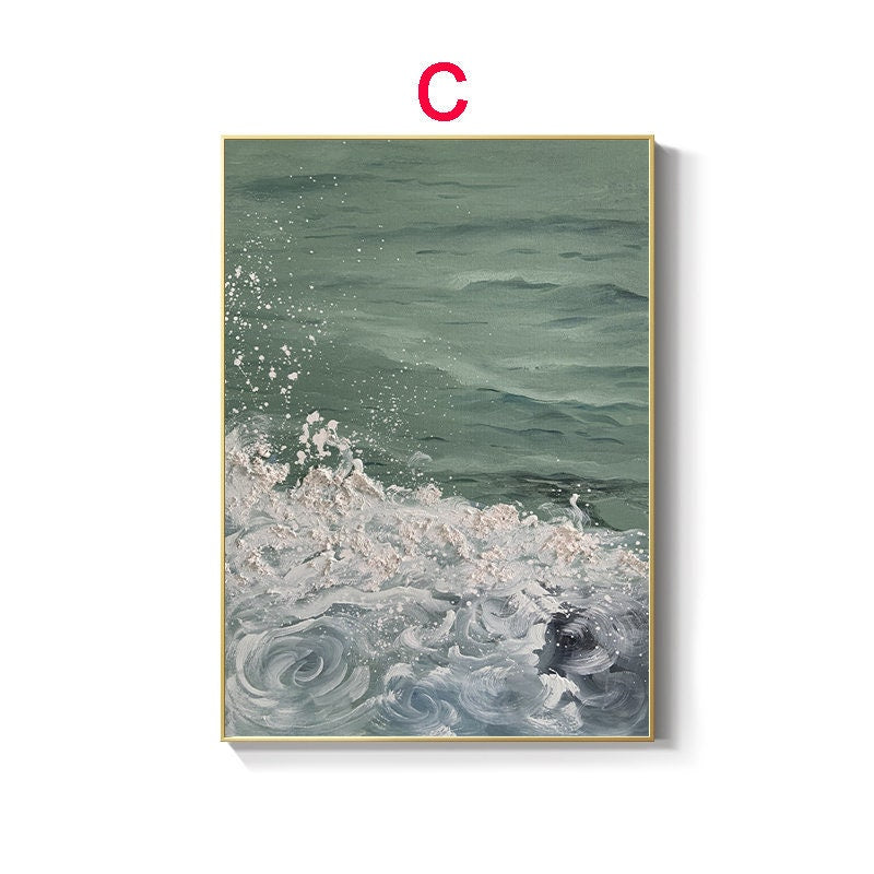 May include: Abstract painting of a wave crashing on the ocean. The wave is white with a hint of pink and the ocean is a muted green color.