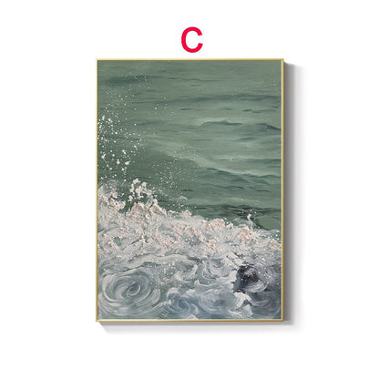 May include: Abstract painting of a wave crashing on the ocean. The wave is white with a hint of pink and the ocean is a muted green color.