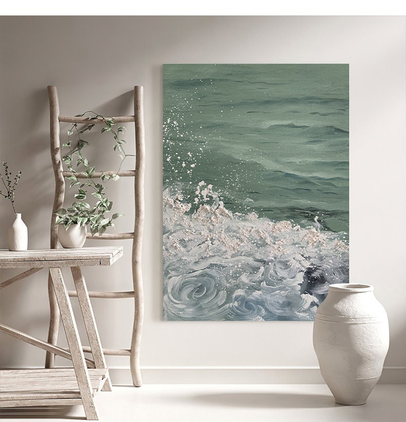 May include: Abstract painting of a green ocean wave crashing with white foam. The wave is painted in a swirling, abstract style.
