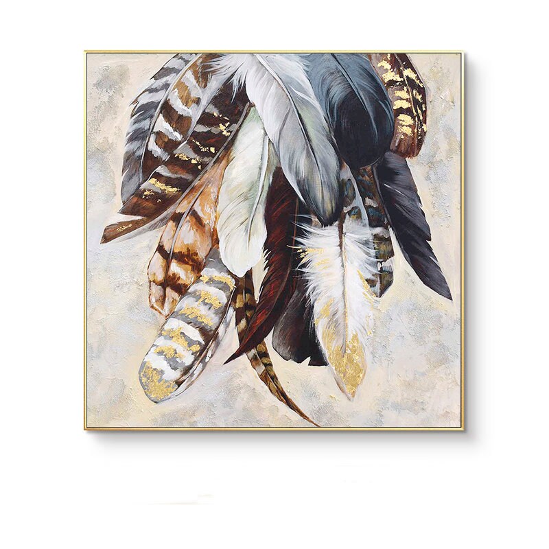 Original Animal Feather Oil Painting on Canvas, Abstract Colorful Feather Canvas Wall Art, Modern Minimalist Artwork for Living Room Bedroom