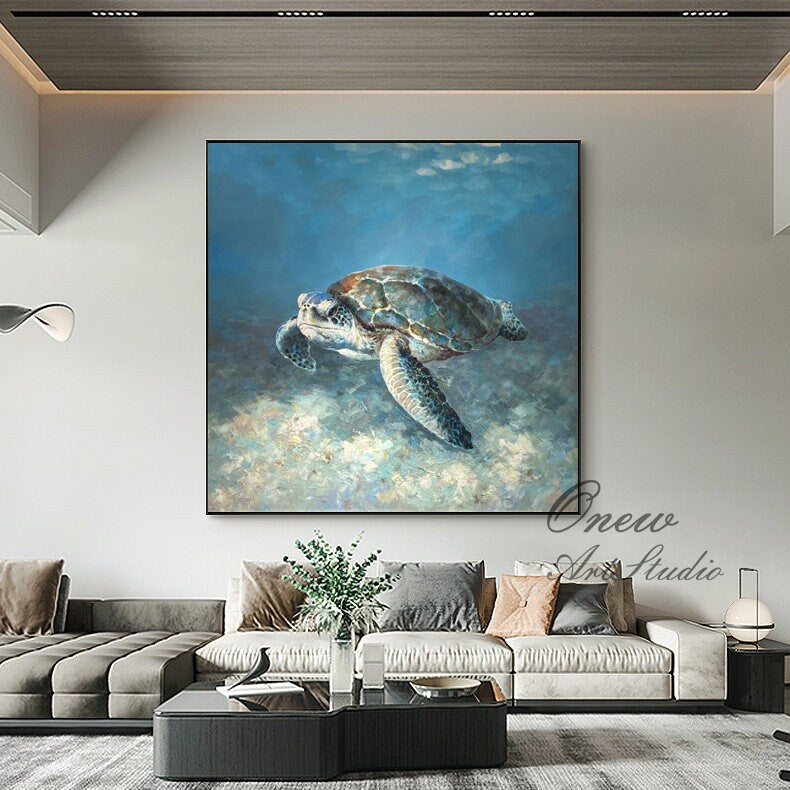 Hand Painted Sea Turtle Oil Painting on Canvas, Large Impressionist Marine Turtle Canvas Wall Art, Original Animal Wall Art for Living Room