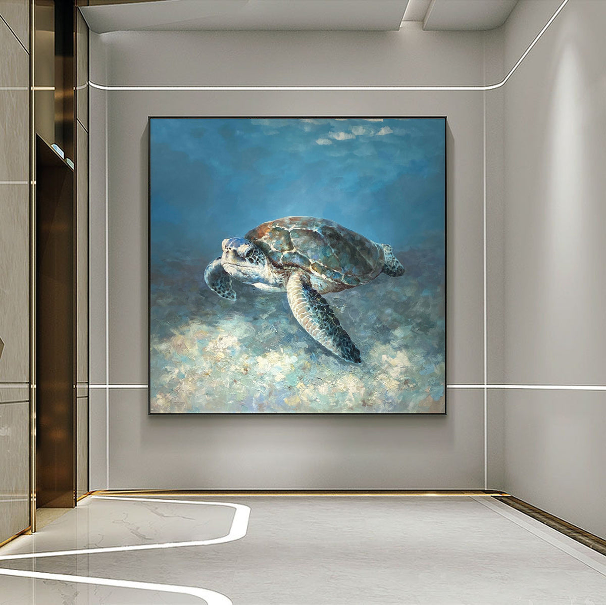 Hand Painted Sea Turtle Oil Painting on Canvas, Large Impressionist Marine Turtle Canvas Wall Art, Original Animal Wall Art for Living Room