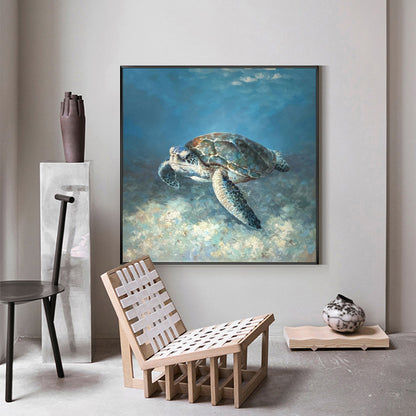 Hand Painted Sea Turtle Oil Painting on Canvas, Large Impressionist Marine Turtle Canvas Wall Art, Original Animal Wall Art for Living Room