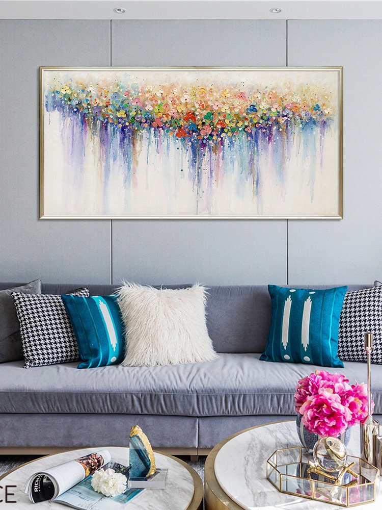 Colorful Flower Painting on Canvas, Original Boho Texture Wall Art – Colorful Floral Wall Art | Boho Hand-Painted Painting, v