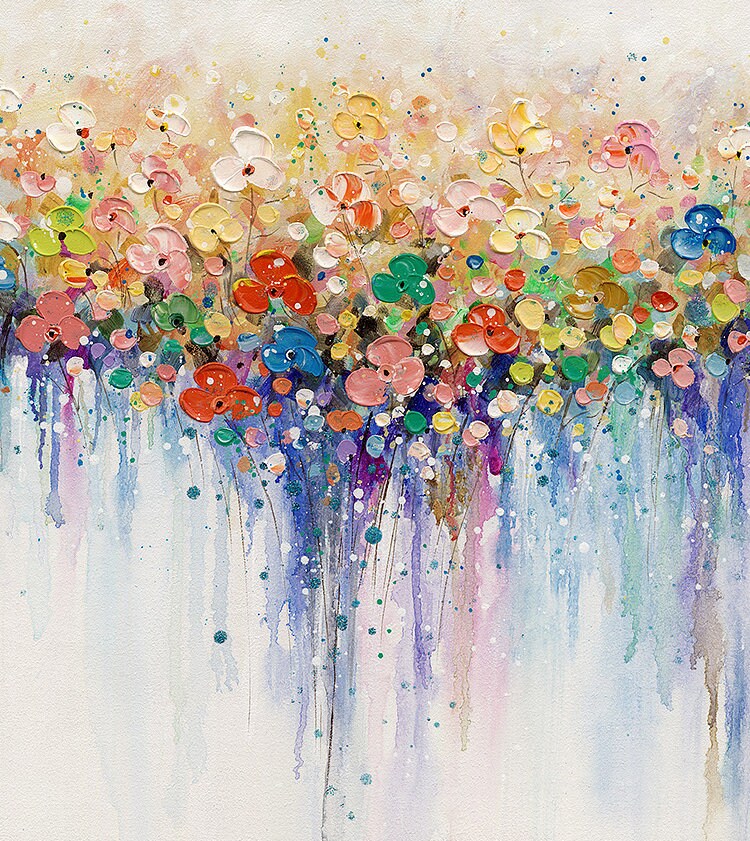 Colorful Flower Painting on Canvas, Original Boho Texture Wall Art – Colorful Floral Wall Art | Boho Hand-Painted Painting, v