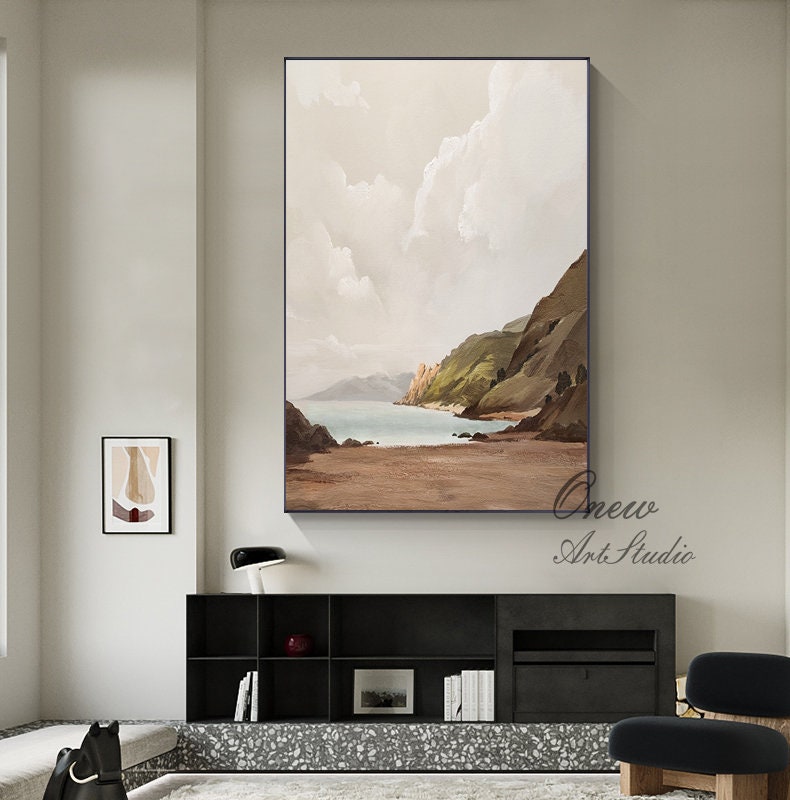 Large Abstract Landscape Oil Painting on Canvas, Hand-painted Mountain and Lake Canvas Wall Art, Modern Nature Wall Art for Living Room