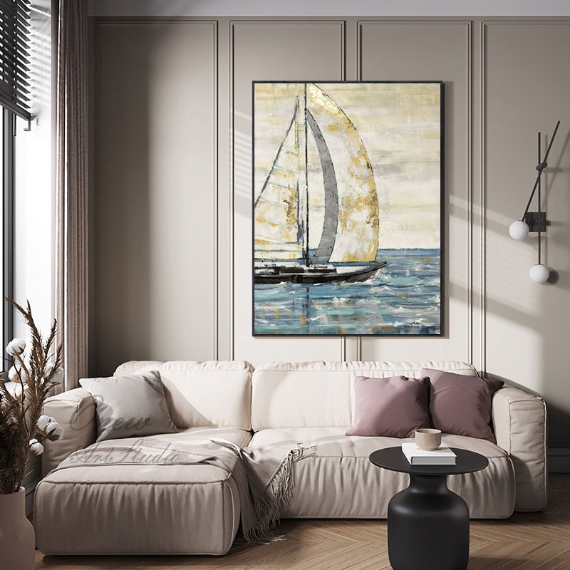 Large Abstract Sailboat Oil Painting on Canvas, Original Hand-painted Seascape Canvas Wall Art, Modern Nautical Painting for Living Room