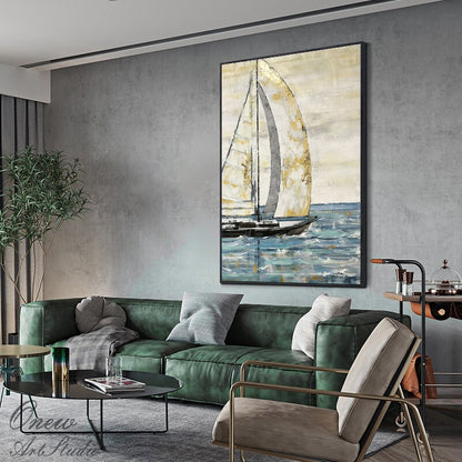 Large Abstract Sailboat Oil Painting on Canvas, Original Hand-painted Seascape Canvas Wall Art, Modern Nautical Painting for Living Room