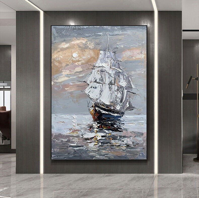 Original Sailboat Oil Painting on Canvas, Large Abstract Seascape Canvas Wall Art, Modern Nautical Wall Art for Living Room, Home Décor