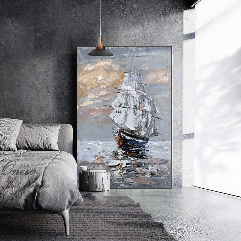 Original Sailboat Oil Painting on Canvas, Large Abstract Seascape Canvas Wall Art, Modern Nautical Wall Art for Living Room, Home Décor