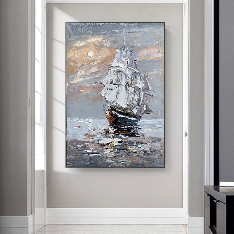 Original Sailboat Oil Painting on Canvas, Large Abstract Seascape Canvas Wall Art, Modern Nautical Wall Art for Living Room, Home Décor