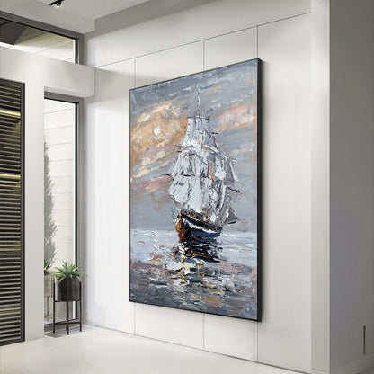 Original Sailboat Oil Painting on Canvas, Large Abstract Seascape Canvas Wall Art, Modern Nautical Wall Art for Living Room, Home Décor