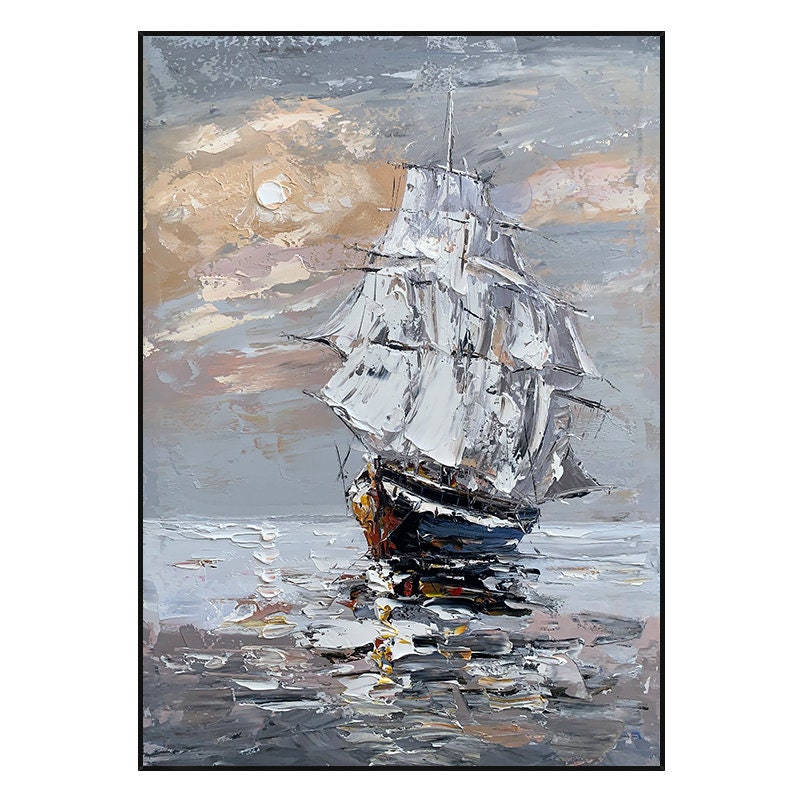 Original Sailboat Oil Painting on Canvas, Large Abstract Seascape Canvas Wall Art, Modern Nautical Wall Art for Living Room, Home Décor