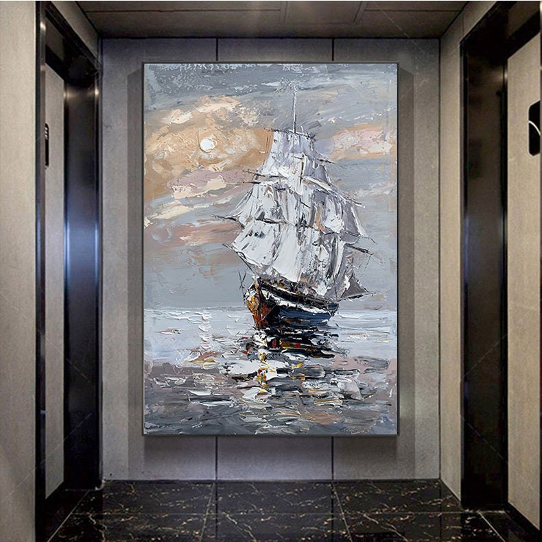 Original Sailboat Oil Painting on Canvas, Large Abstract Seascape Canvas Wall Art, Modern Nautical Wall Art for Living Room, Home Décor