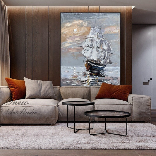 Original Sailboat Oil Painting on Canvas, Large Abstract Seascape Canvas Wall Art, Modern Nautical Wall Art for Living Room, Home Décor