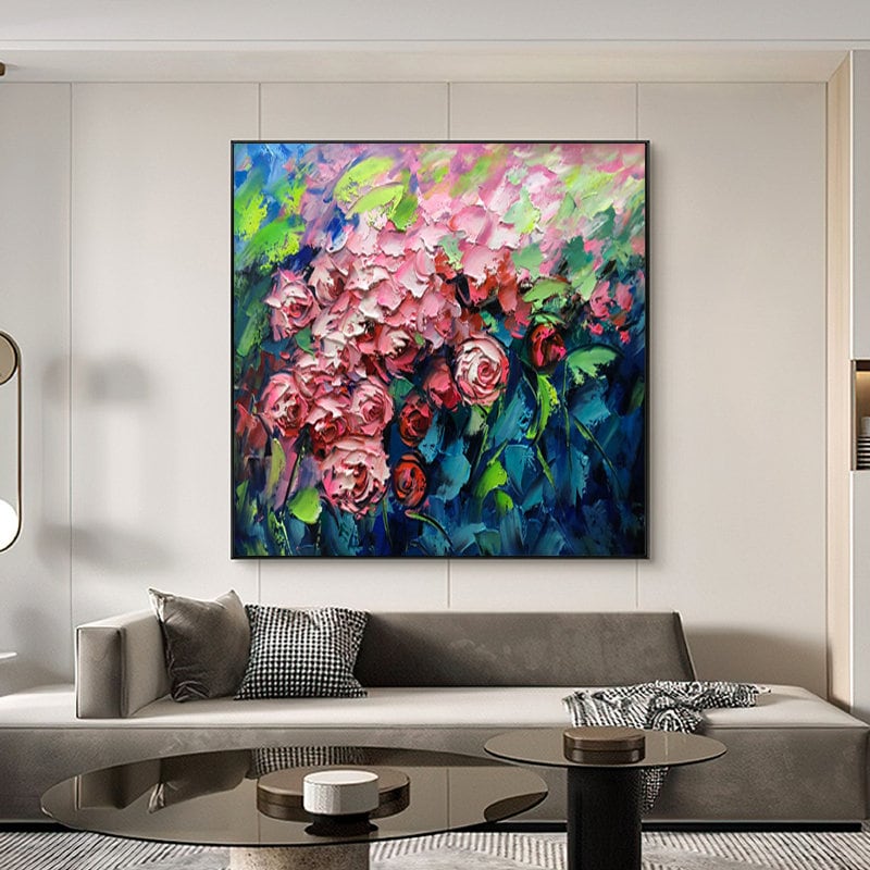 May include: A painting of a bouquet of pink roses with green leaves and a blue background. The roses are painted in a thick, textured style.