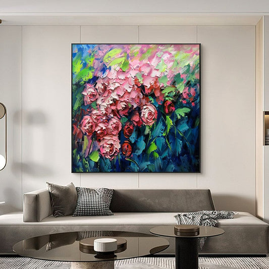 May include: A painting of a bouquet of pink roses with green leaves and a blue background. The roses are painted in a thick, textured style.