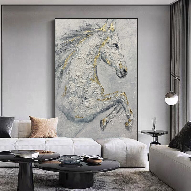Abstract White Horse Oil Painting on Canvas, Original Hand-painted Horse Canvas Wall Art, Modern Animal Painting for Living Room, Home Décor