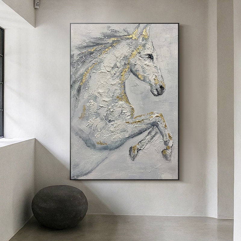 Abstract White Horse Oil Painting on Canvas, Original Hand-painted Horse Canvas Wall Art, Modern Animal Painting for Living Room, Home Décor